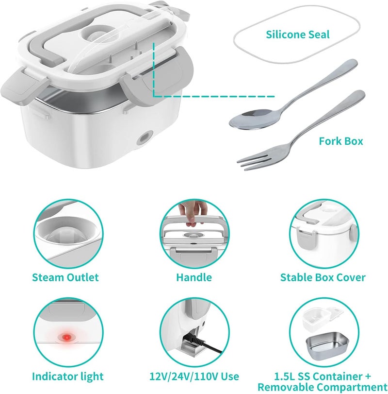 CHARMDOO Electric Lunch Box, Food Warmer Heater 12V 24V 110V, 80W Faster Heated Lunch Box for Car/Truck/Home Portable Heating Boxes with 1.5L 304 SS Container Fork & Spoon, White+Gray - Image 4